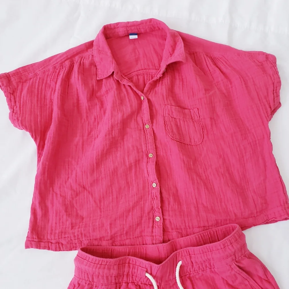 Old Navy Pink Cotton Top and Bottom Textured Frenchy Set Lounge Linen XS